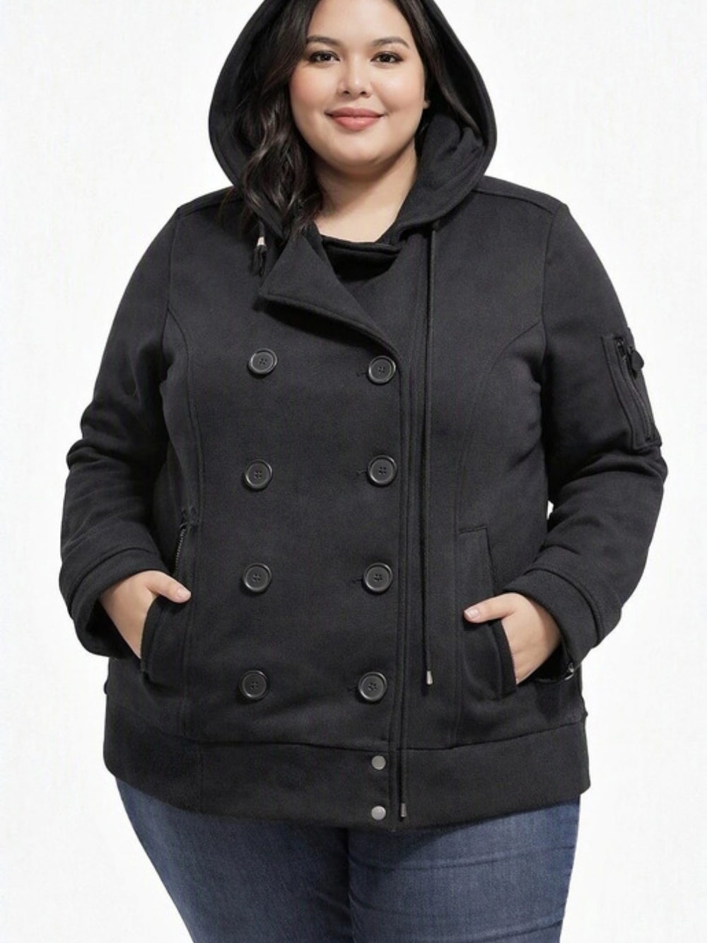 Ambiance Hooded Double-Breasted Pea Coat Black Size 1X
